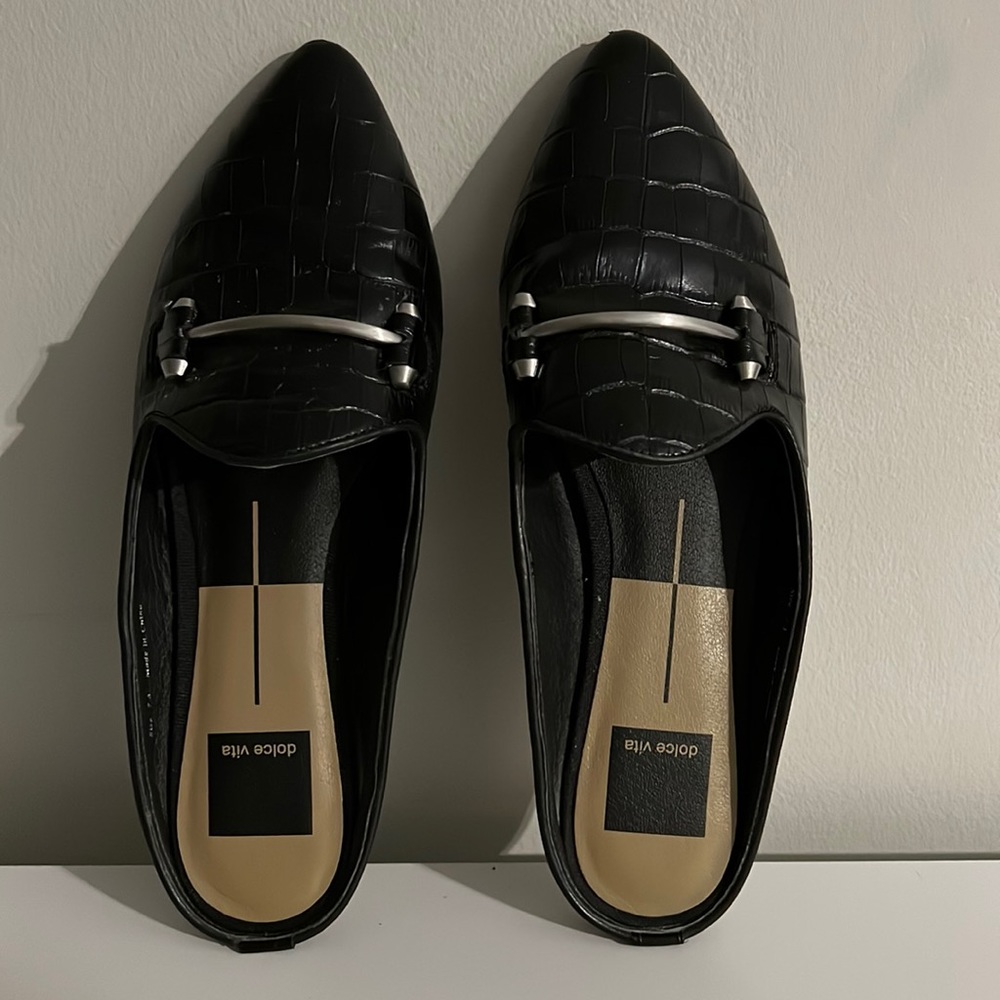 Dolce Vita Slides Black Croc Embossed Gram Loafer Slide Size 7.5